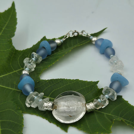 Bracelet Quartz - ciel - Perles de verre - Argent 925 - Bijou -Pierres semi-précieuse - perles fines - Martinique -  Artisanat -  Baba Figue Créations - Martinique
